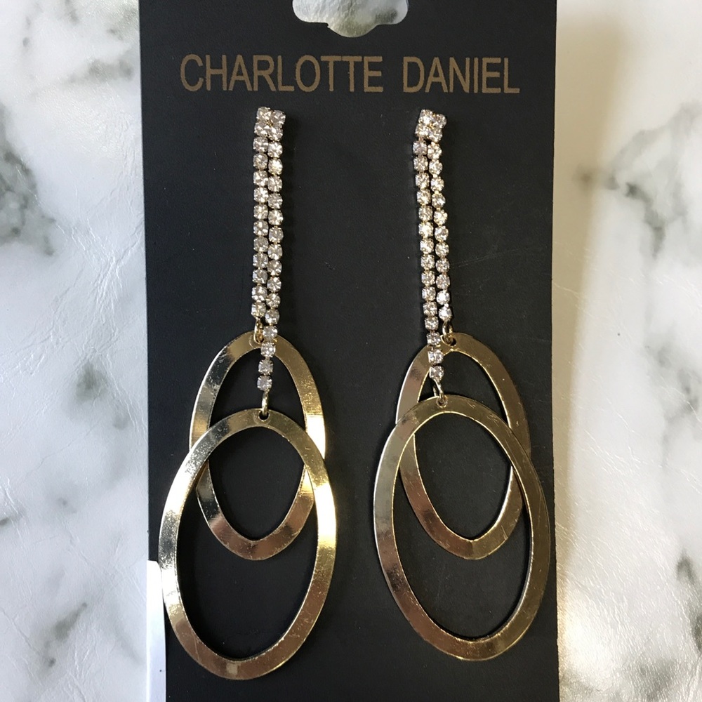 ‼️ Stunning Drop Earring  Rhinestone Gold Hoops - Picture 4 of 6